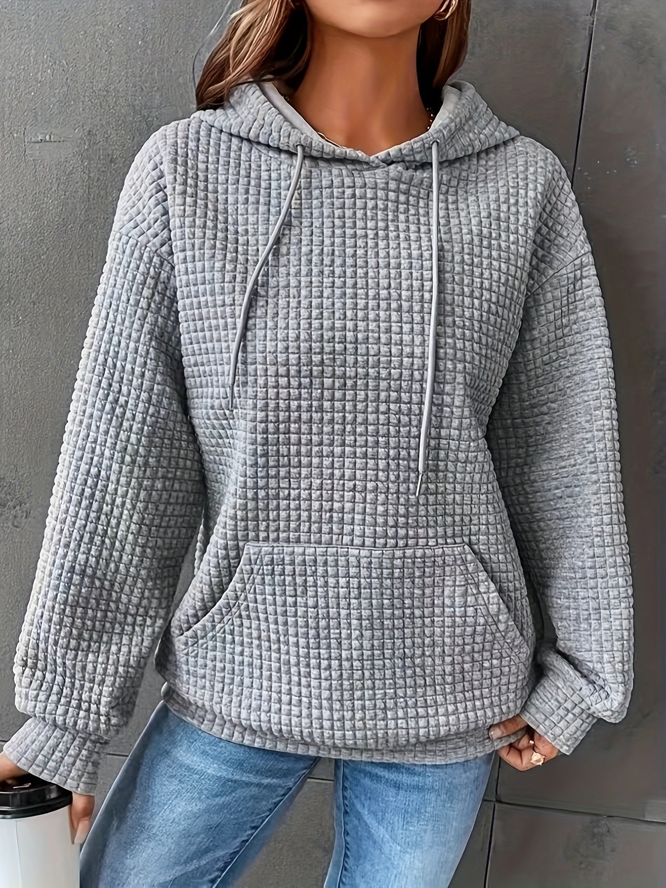 Damen Hoodie Waffelstrick Textur Kordelzug Kängurutasche