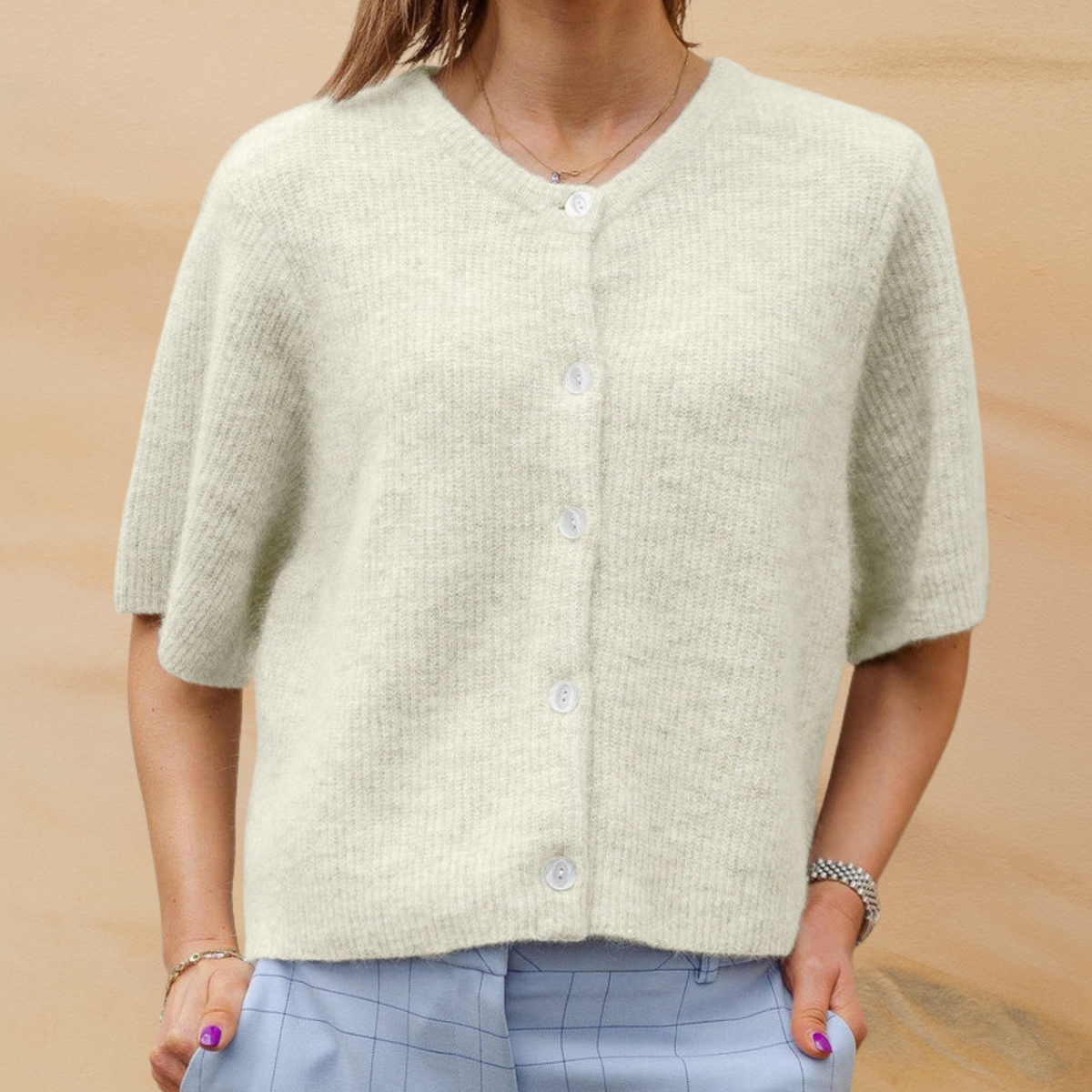 Damen Kurzarm-Cardigan mit durchgehender Knopfleiste