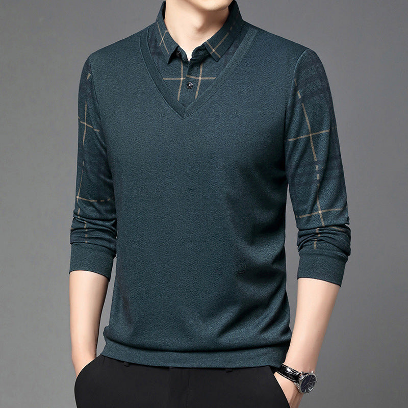 Men's Long Sleeve T-Shirt Fake Two-in-One Effect Notched Collar Striped – Cotton Blend