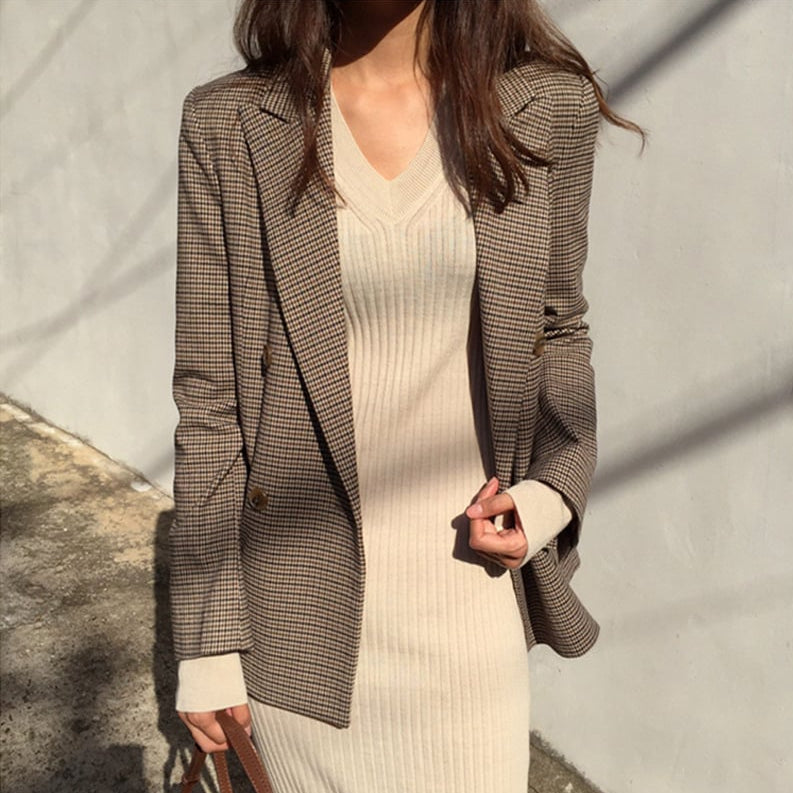 Damen-Herbstblazer mit Hahnentrittmuster und Einreiher – Klassischer Stil