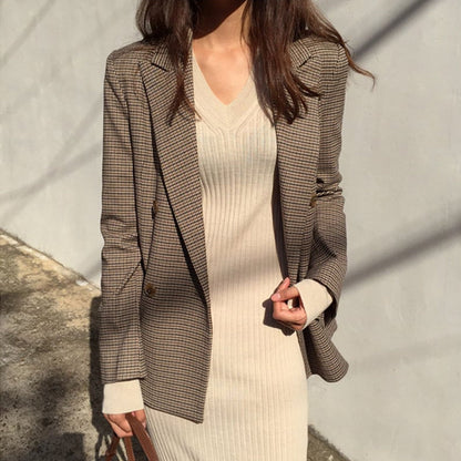 Damen-Herbstblazer mit Hahnentrittmuster und Einreiher – Klassischer Stil