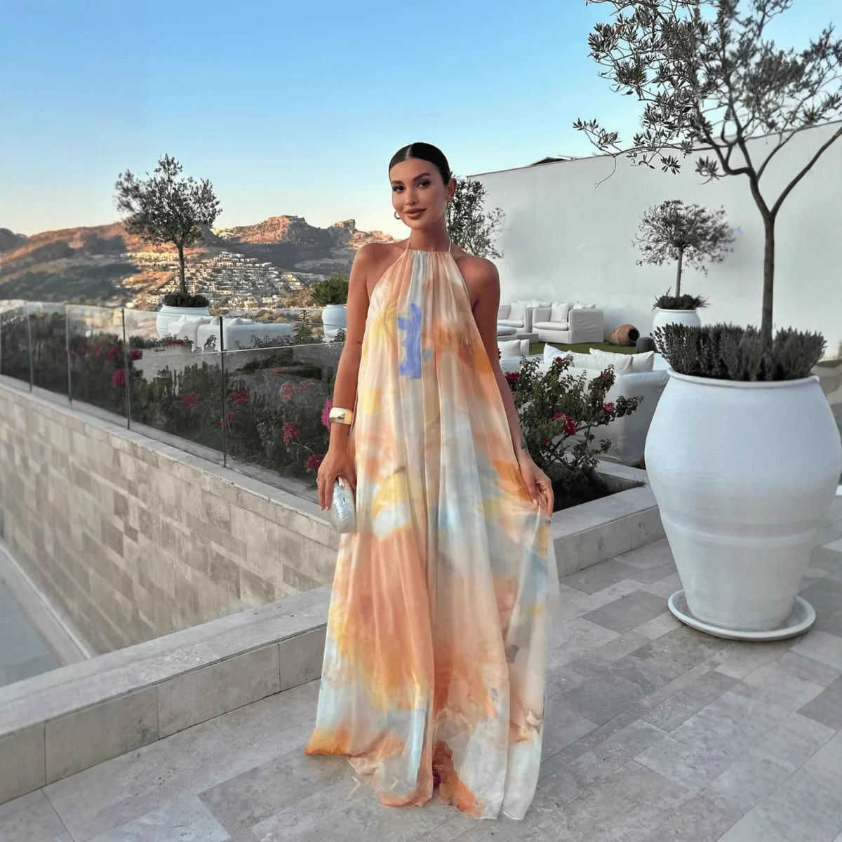 Women's Summer Maxi Dress with Print, Halter Neck, Sleeveless, Backless, Loose Fit
