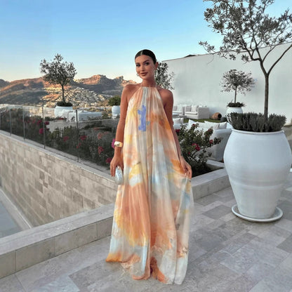 Women's Summer Maxi Dress with Print, Halter Neck, Sleeveless, Backless, Loose Fit