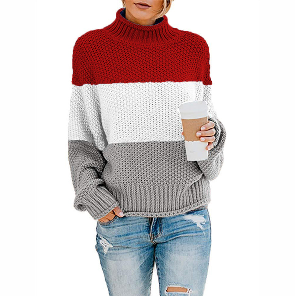 Damenpullover mit hohem Kragen, langen Ärmeln und Colorblock-Strickdesign
