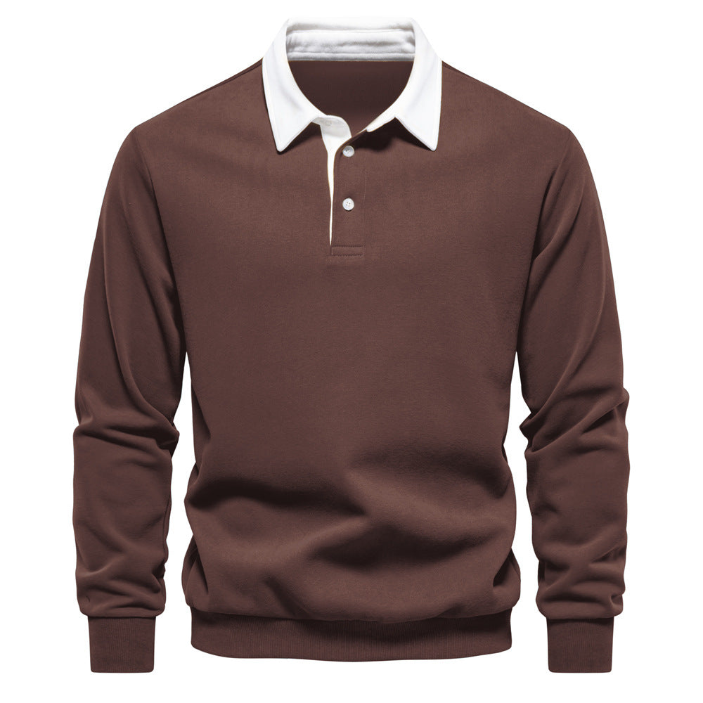 Brauner Herrenpullover mit weißem Kragen und Knopfleiste, langärmelig, klassisches Design, ideal für Herbstmode und elegante Freizeitkleidung.