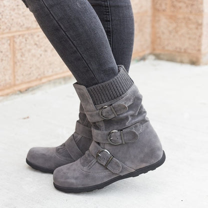 Damen Winterstiefel Mit Rundem Zeh, Flachem Absatz Und Riemen-Schnallen-Design