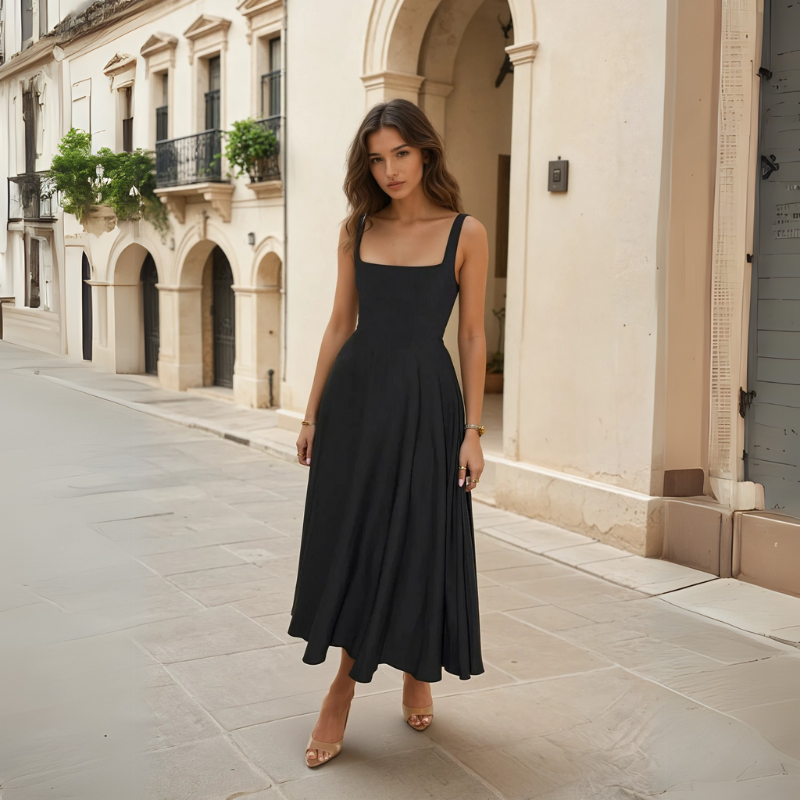 Women's mid-length dress with square neckline, V-shaped waist, and built-in cups