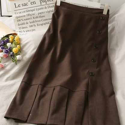 Women's mid-length skirt with button placket and side slit
