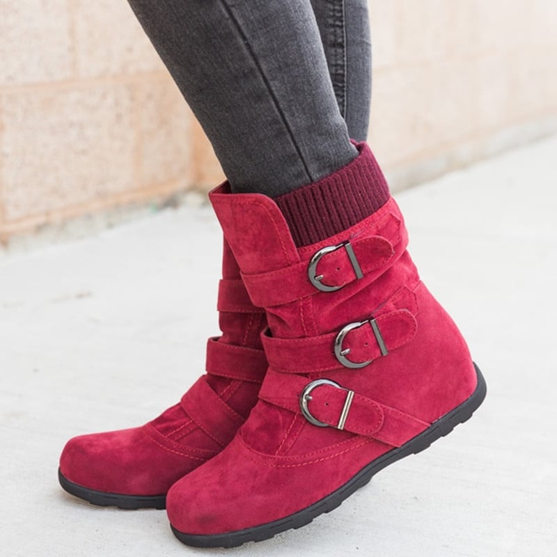 Damen Winterstiefel Mit Rundem Zeh, Flachem Absatz Und Riemen-Schnallen-Design