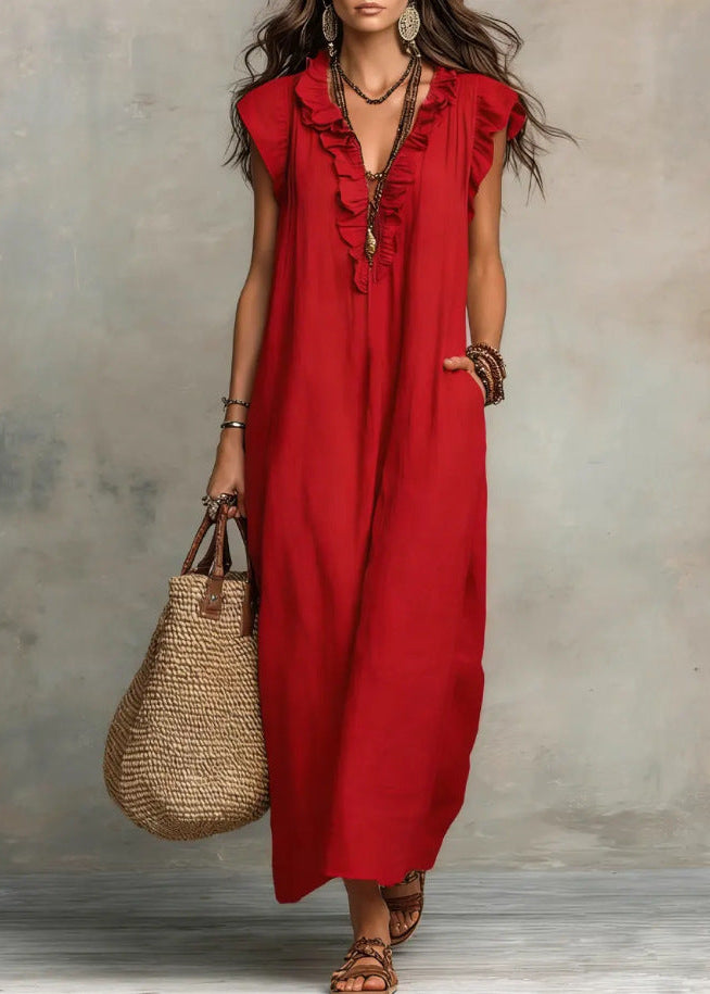 Ärmelloses A-Linien-Sommerkleid Für Damen Mit Rüschen Und Seitentaschen – Baumwollmischung