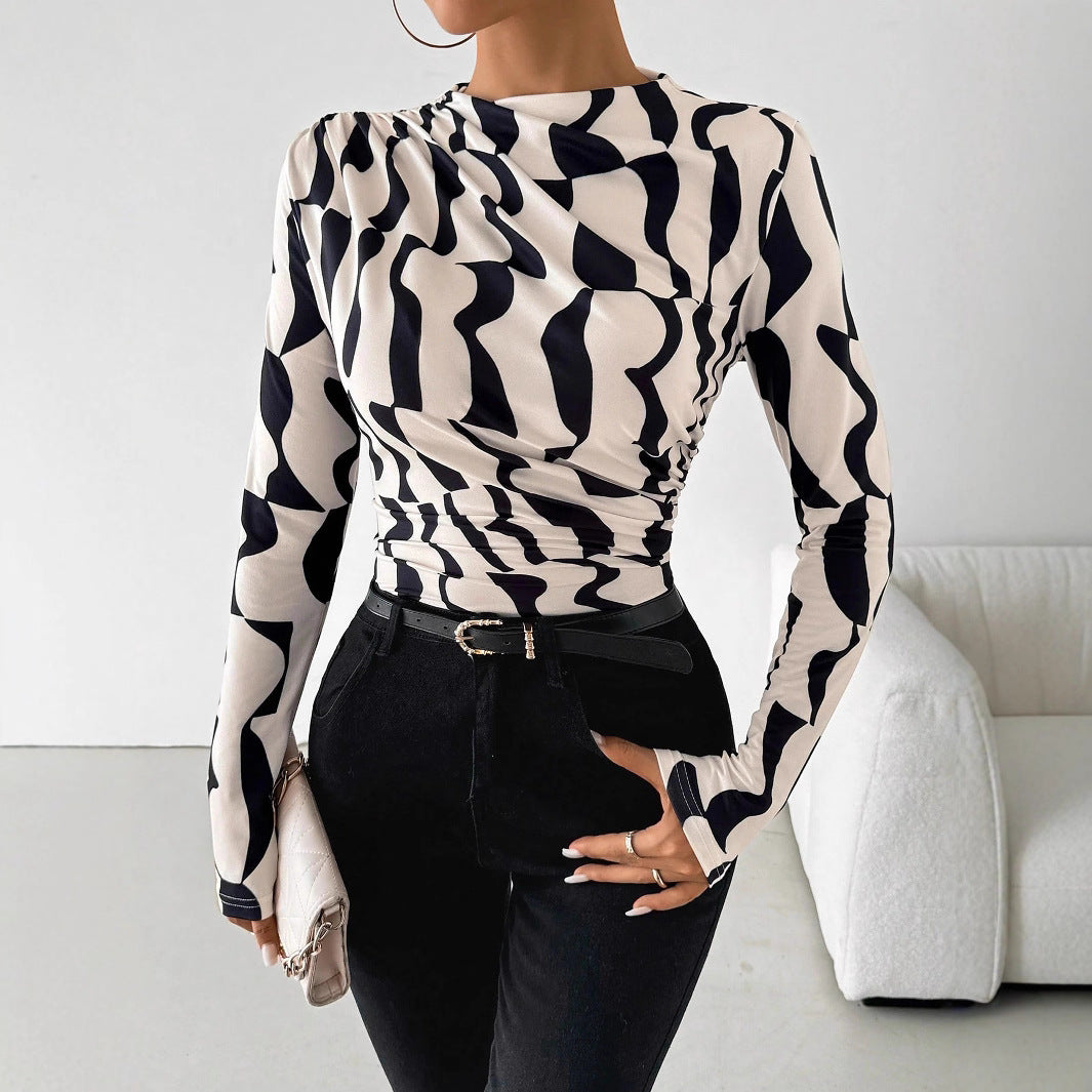 Damen Langarm-Top Mit Stehkragen, Slim-Fit-Passform Und Geometrischem Print