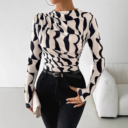 Damen Langarm-Top Mit Stehkragen, Slim-Fit-Passform Und Geometrischem Print