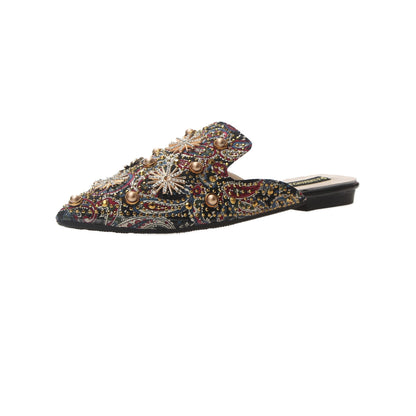 Flat Women's Loafers in Roman Style, Baotou Style, with Pointed Toe and Metal Details