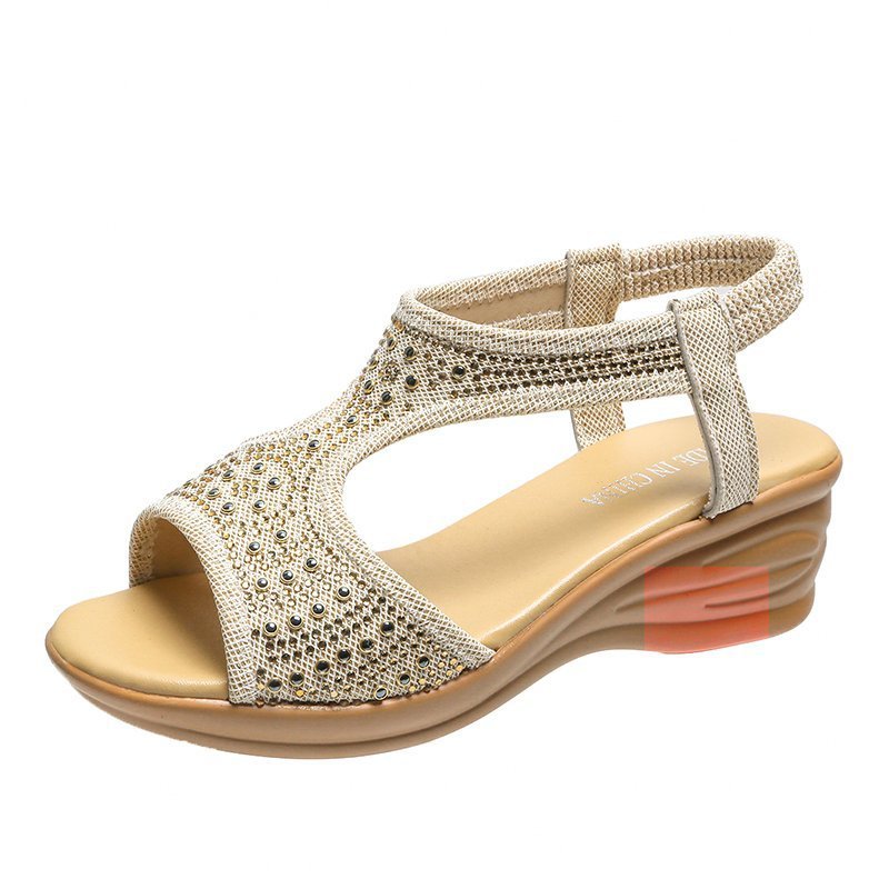 Damen-Sommer-Keilsandalen Mit Strasssteinen Und Elastischem Band