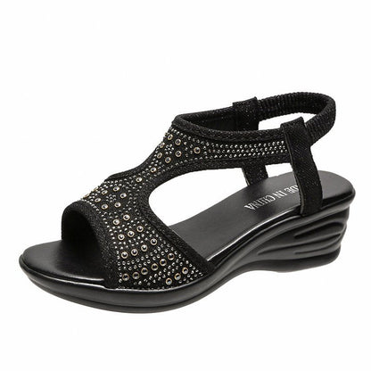 Damen-Sommer-Keilsandalen Mit Strasssteinen Und Elastischem Band