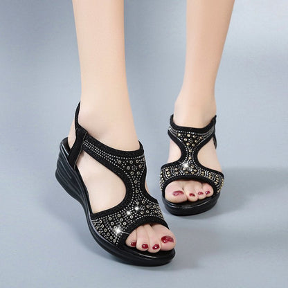 Damen-Sommer-Keilsandalen Mit Strasssteinen Und Elastischem Band