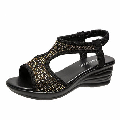 Damen-Sommer-Keilsandalen Mit Strasssteinen Und Elastischem Band