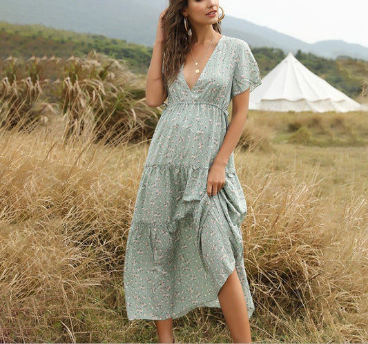 Damen Sommer Maxikleid mit Blumenmuster und Rüschen