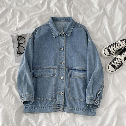 Women's denim-blend jacket with lapel collar and long sleeves