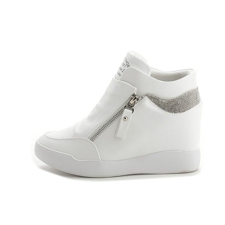 Damen Plateau Wedge Sneaker mit runder Spitze und seitlichem Reißverschluss – PU Look