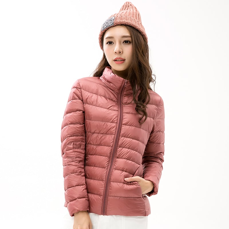 Women's Spring Lightweight Down Jacket with Stand-Up Collar and Front Zipper
