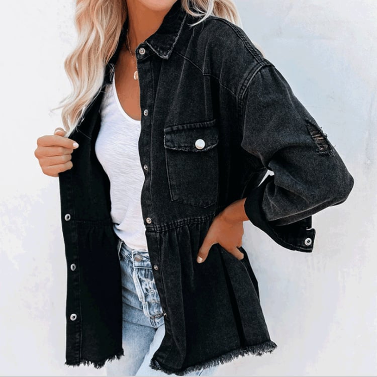 Women's denim-blend jacket with lapel collar and frayed hem