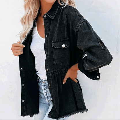 Women's denim-blend jacket with lapel collar and frayed hem