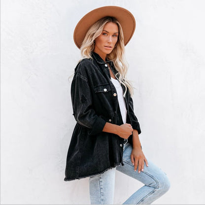 Women's denim-blend jacket with lapel collar and frayed hem