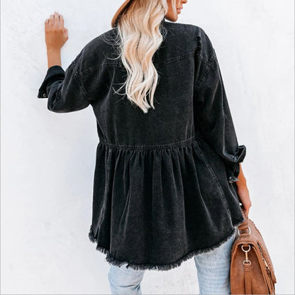 Women's denim-blend jacket with lapel collar and frayed hem