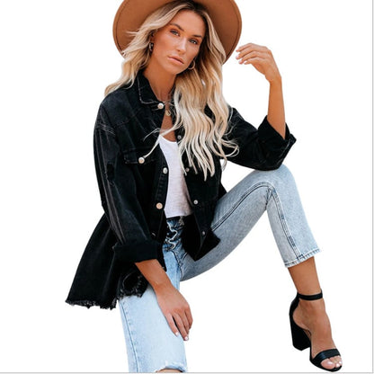 Women's denim-blend jacket with lapel collar and frayed hem