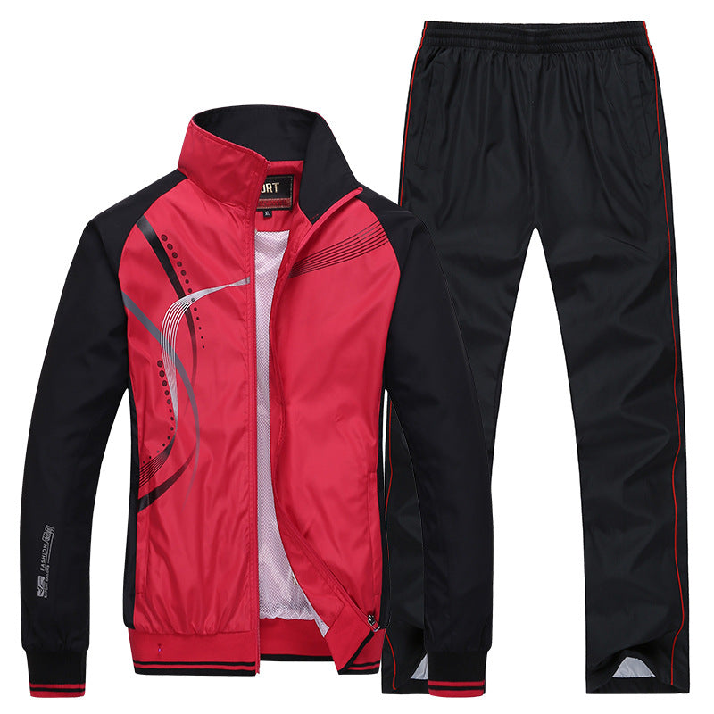 Roter und schwarzer Trainingsanzug für Herren, sportliches Design mit grafischen Mustern, ideal für Fitness und Freizeit, atmungsaktives Material.