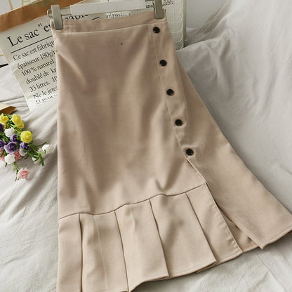 Women's mid-length skirt with button placket and side slit