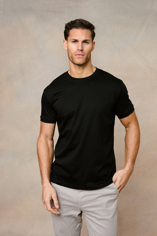 Men's Shirt Round Neck Mercerized Cotton Black with Soft Finish