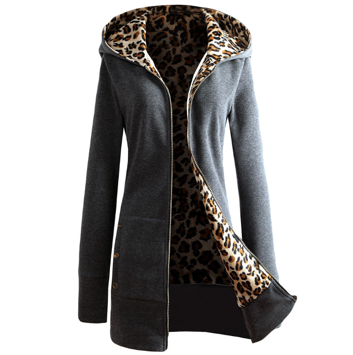 Damen Winterjacke mit Kapuze, Leopardenmuster, Reißverschluss und dicker Fütterung