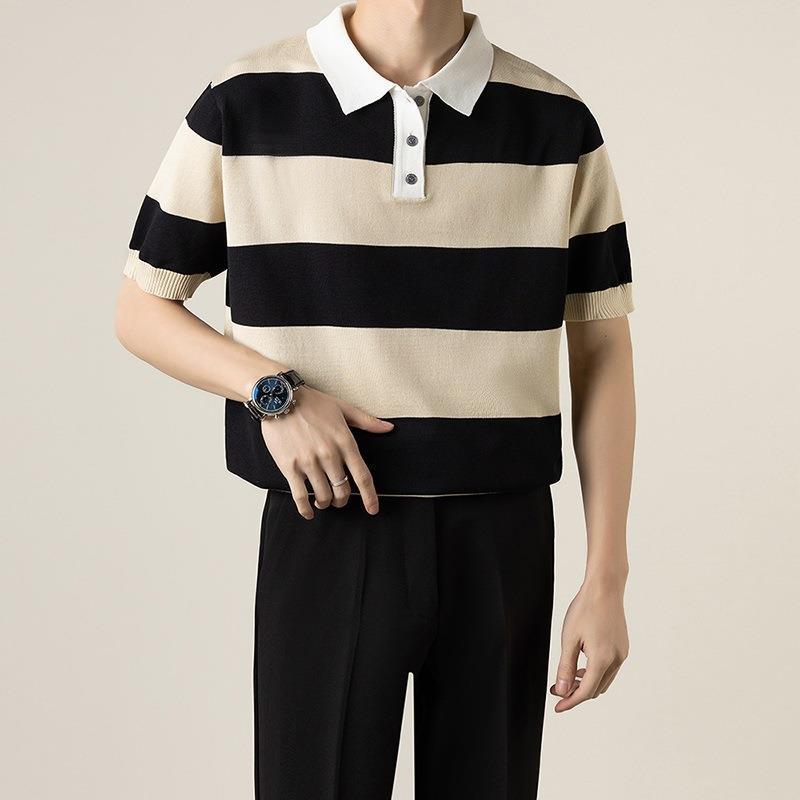 Herren Sommer Gestreiftes Kurzarm-Strickpoloshirt Slim Fit Leichtes Oberteil
