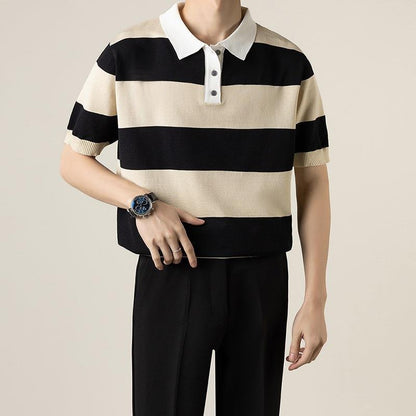 Herren Sommer Gestreiftes Kurzarm-Strickpoloshirt Slim Fit Leichtes Oberteil