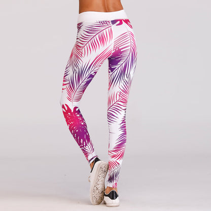 Damen-Leggings mit tropischem Blattmuster in Rosa und Lila, ideal für Yoga und Fitness. Bequeme Sporthose mit modernem Design.