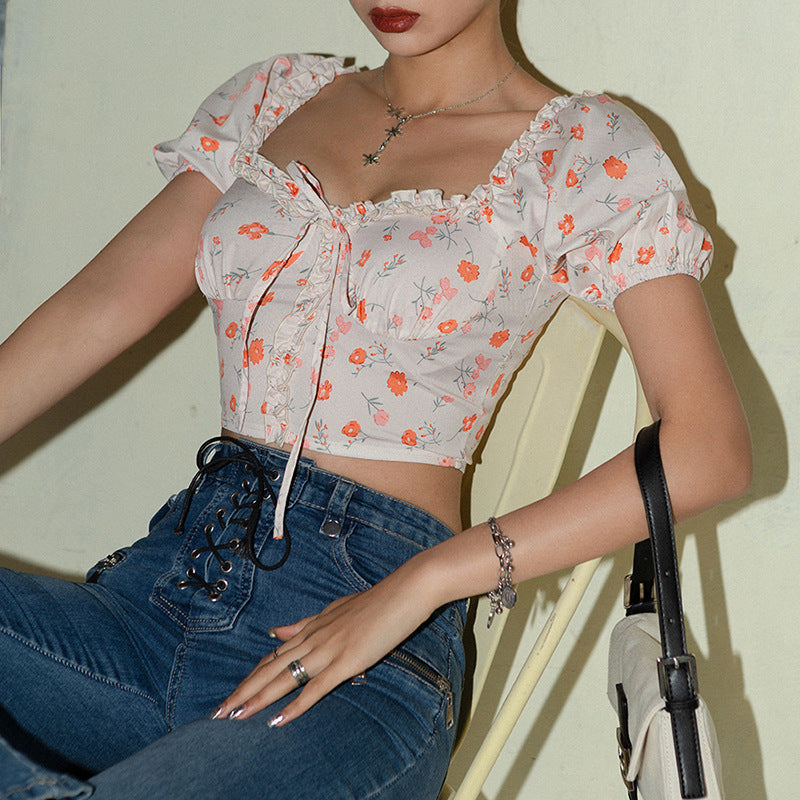 Damen-Crop-Top Mit Schmalem U-Ausschnitt Und Blumenmuster