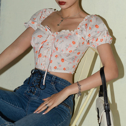 Damen-Crop-Top Mit Schmalem U-Ausschnitt Und Blumenmuster