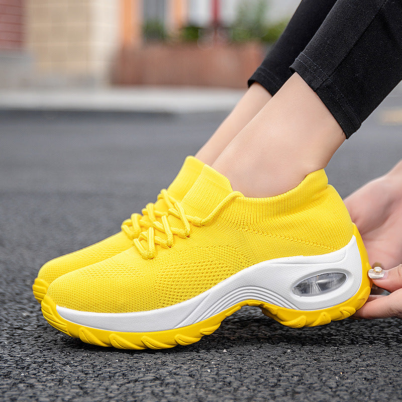 Women's Athletic Shoes with Flying Knitted Upper, Round Toe, Medium Heel, and Waterproof Platform Sole