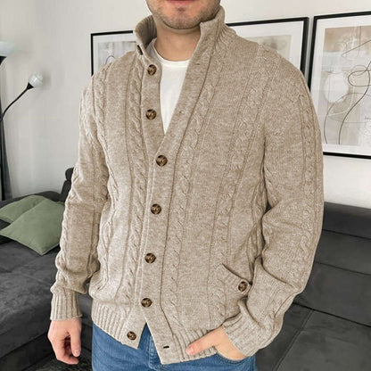 Men's Winter Knitted Jacket with Stand-up Collar and Twisted Pattern