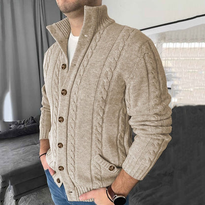 Men's Winter Knitted Jacket with Stand-up Collar and Twisted Pattern