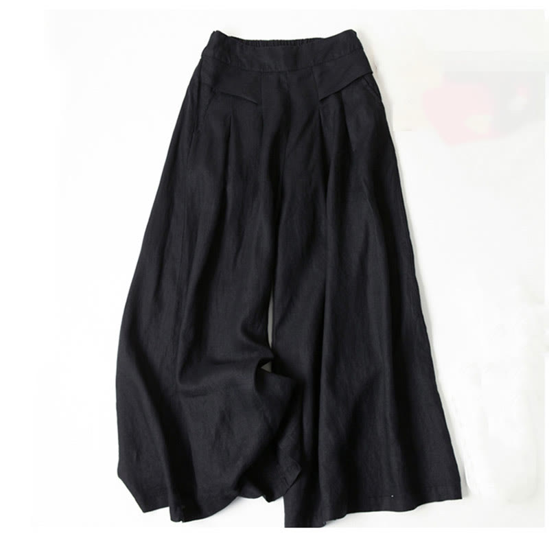 Schwarze Damen-Palazzo-Hose aus Leinen, weit geschnitten, modisch, elegant, ideal für Sommer, Freizeit und Büro.