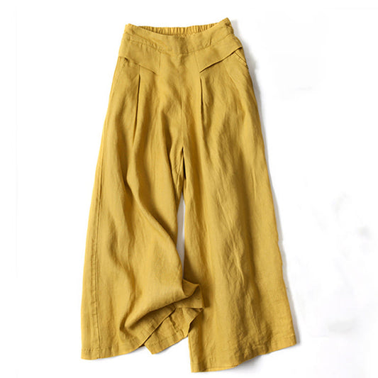 Gelbe Damen-Leinenhose mit weitem Bein, hoher Taille und Falten. Modische Sommerhose, bequem und luftig. Ideal für lässige Outfits.