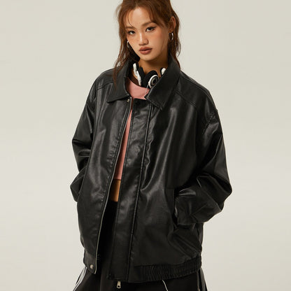 Women's faux leather jacket with polo collar and zipper – used-look style