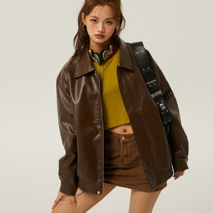 Women's faux leather jacket with polo collar and zipper – used-look style