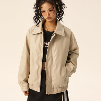 Women's faux leather jacket with polo collar and zipper – used-look style