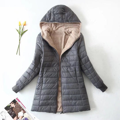 Women's winter jacket with hood and fleece lining – mid-length and fitted