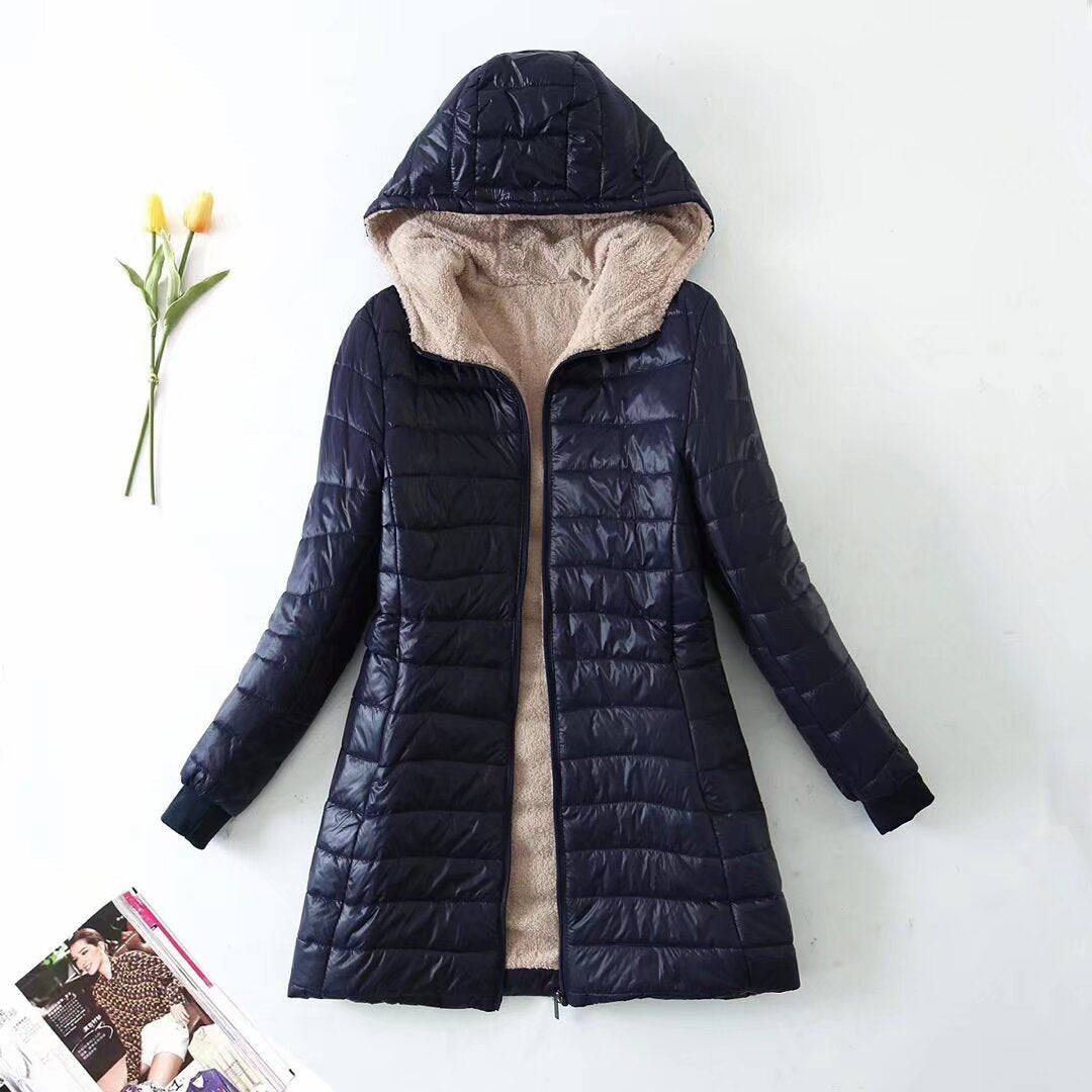 Women's winter jacket with hood and fleece lining – mid-length and fitted