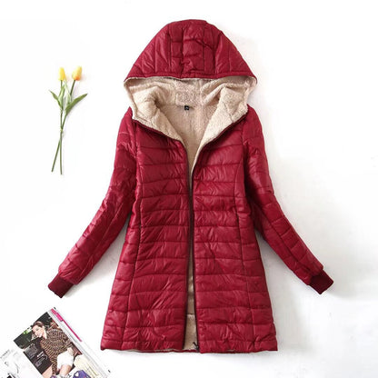 Women's winter jacket with hood and fleece lining – mid-length and fitted